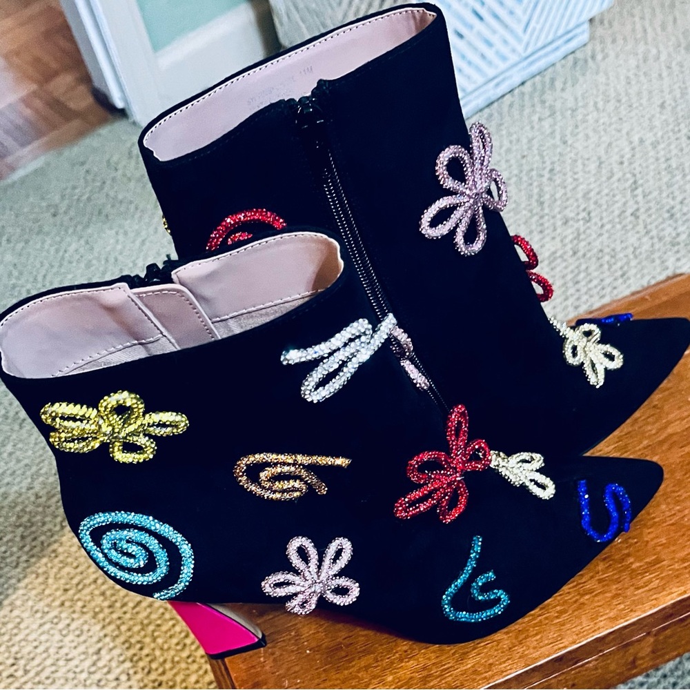 Black and Pink Ankle Boots with Unique Decorative Patterns